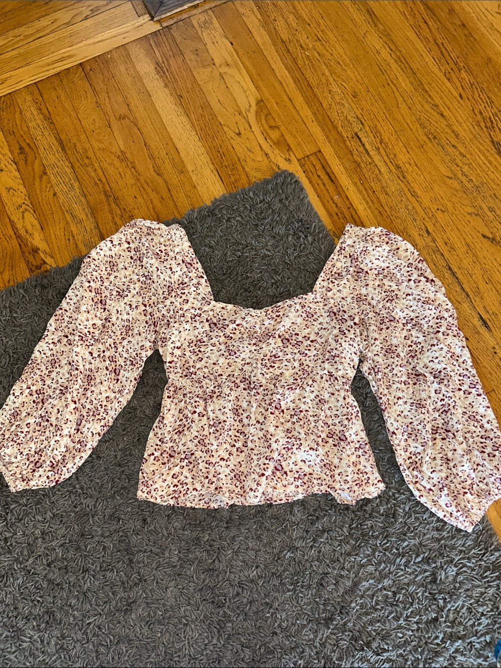 Santa Sofia Floral Scoop Neck Puff Sleeve Peplum Top Size Medium